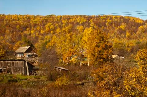 View of mountain with fall colors from train Stock Photos