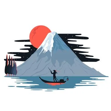 View of Mountain Fuji. Color vector flat cartoon illustration. Stock Illustration
