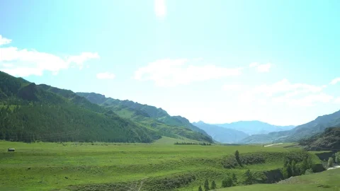 View of the mountain gorge and green plateau. Mountain landscape. Видео 101770077