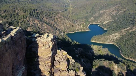 View of the mountain lake against the background of stone formations Stock Footage 241245911