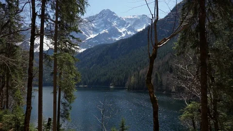 View of a mountain lake between trees. Zugspitze Eibsee Stock Footage 88796210