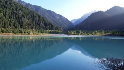 View of the mountain lake Issyk from a height. Stock Footage 159473991