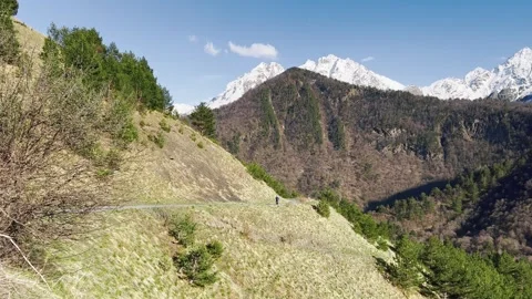 View of a mountain landscape showcasing snowcapped peaks and lush greenery Stock Footage 278467576