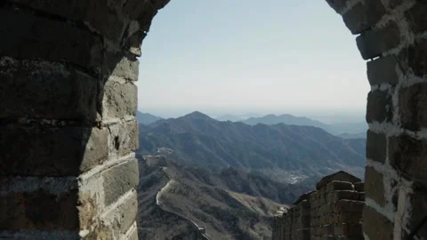 View of Mountain Landscape Through Stone Archway on Great Wall at Mutianyu Stock Footage 345827421