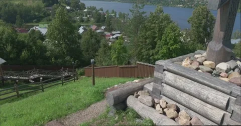 View of the mountain Levitan on the Volga river and the city Plyos Stock Footage 64229074