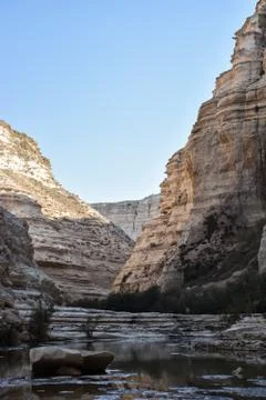 View of mountain oasis lagoon, Ein Avdat, Israel Stock Photos