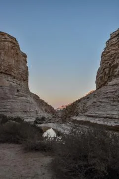 View of mountain oasis lagoon, Ein Avdat, Israel Stock Photos