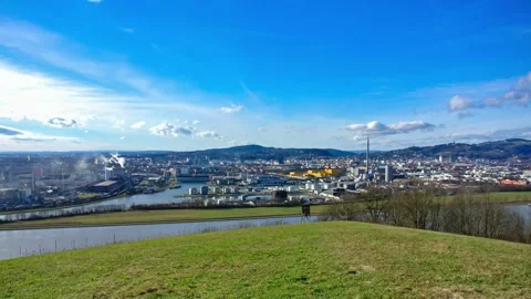 View from mountain pfenningberg to the industrial complex voest in linz Stock Footage 147908838