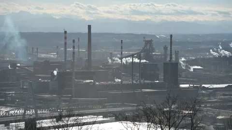View from mountain pfenningberg to the industrial complex voest in linz Stock Footage 147908893