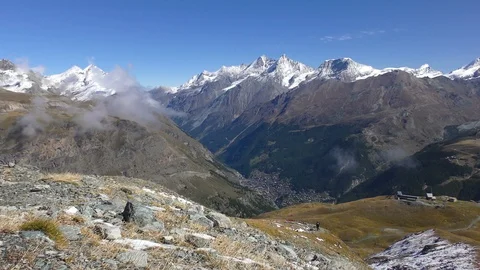 View of mountain range above Zermatt Switzerland Stock Footage 90045714