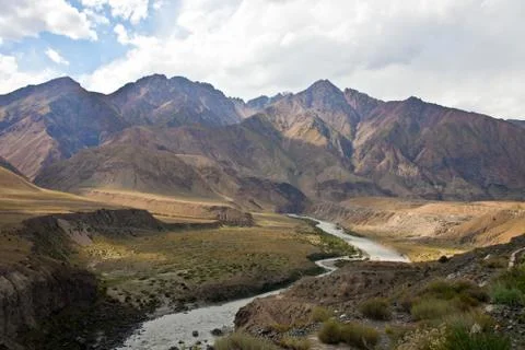 View of the mountain range, and floodplain river valley Stock Photos