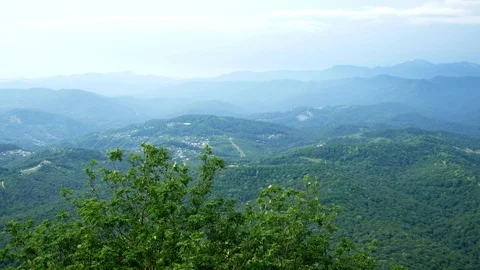 View of the mountain range covered with forest with blue sky and haze over the Stock Footage 110762189