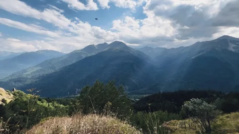 View of the mountain range near Mount Zakan.  Stock Footage 252593084