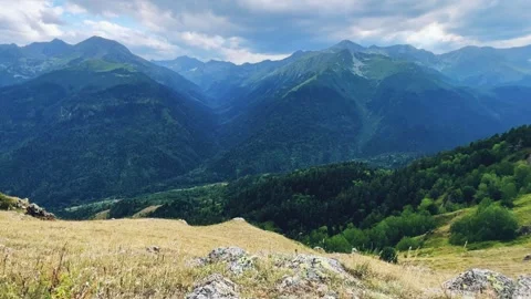 View of the mountain range near Mount Zakan.  Stock Footage 301340506