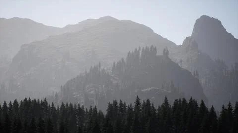 A view of a mountain range with trees in the foreground Stock Illustration