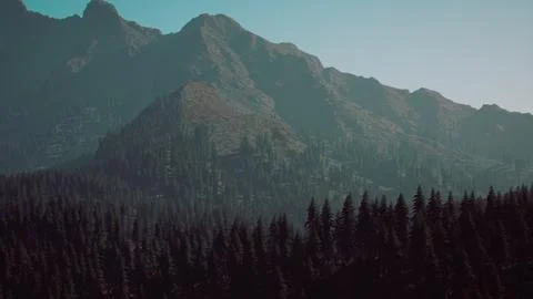 A view of a mountain range with trees in the foreground Stock Illustration