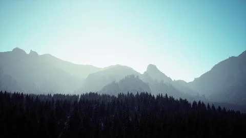 A view of a mountain range with trees in the foreground Stock Illustration