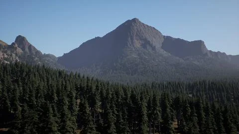 A view of a mountain range with trees in the foreground Stock Illustration