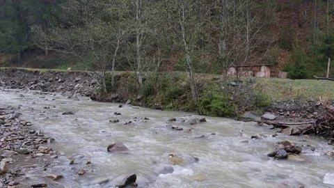 View of the mountain river during the rain. Stock Footage 75907784
