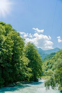 View of the mountain river in the gorge, North Ossetia, Russia. Impenetrable  Stock Photos