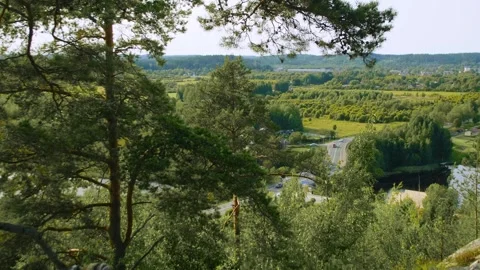 The view from a mountain to a road, river and forest. Enjoying the view. Stock-Footage 283534123