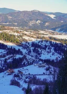 View from the mountain to the ski base and ski lift Stock Photos