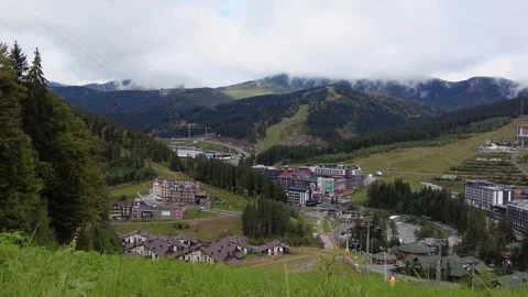 View from the mountain to the ski resort Bukovel, Ukraine. Stock Footage 252275368