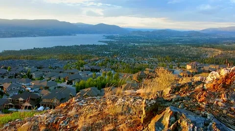 View of Mountain Summit overlooking Kelowna, BC, canada Stock Footage 60950630