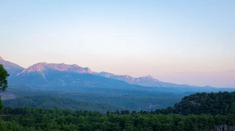 View of the mountain at sunset from the observation deck of Tazy canyon, Turkey Stock Photos