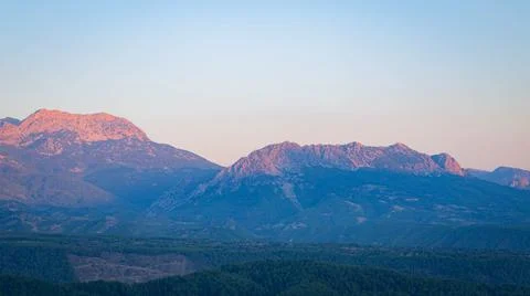 View of the mountain at sunset from the observation deck of Tazy canyon, Turkey Stock Photos