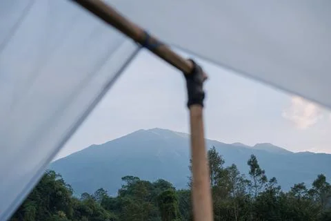 View of mountain through tent frame Stock-Fotos
