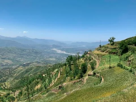 The view from the mountain to the valley Stock Photos