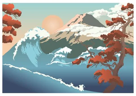 View of Mountain with wave and tree. Color vector flat cartoon illustration. Stock Illustration