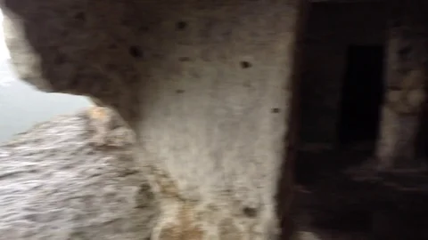 View of mountains and clouds from the cave at Mangup Kale - Crimea , Russia Stock Footage 73717388