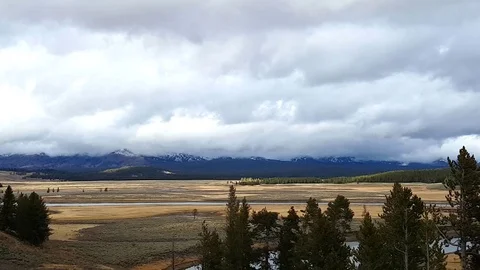 View of mountains and fields, in Yellowstone national park, in Wyoming, Uni.. Stock Footage 71752923