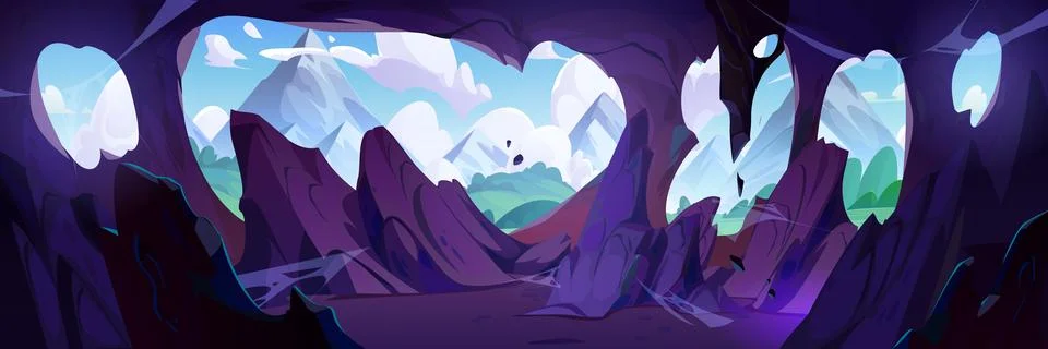 View of mountains and forest from inside cave. Illustrazione stock