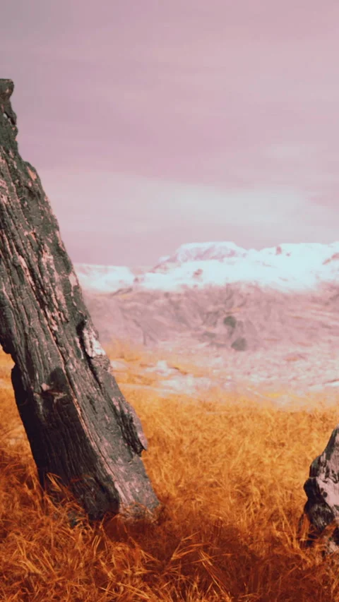 View of mountains and orange grass under a cloudy sky during daytime Stock Footage 346754999