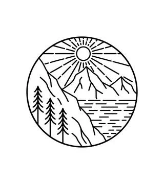 View of the mountains and sea when the sun is clear in mono line art Stock Illustration