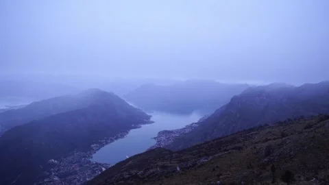 View from the mountains to the Bay of Kotor during a snowfall Stock Footage 267308672