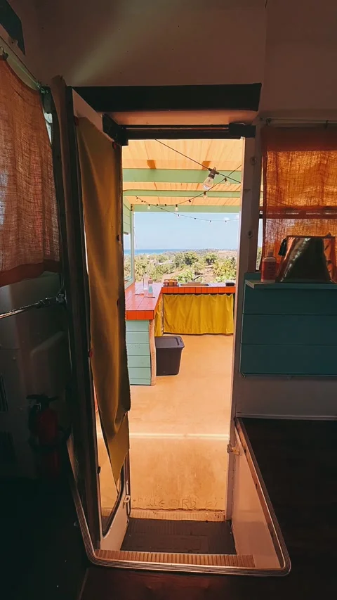 A view of the mountains, bus, interior, room, window,home, table, furniture, Stock Footage 237019797