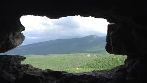 View of mountains from the cave window at Mangup Kale - Crimea , Russia Stock Footage 73766053