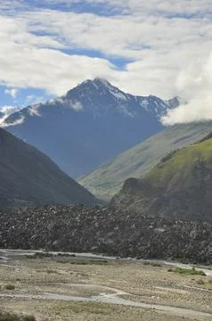 View of mountains covered with clouds from the peak with Bhaga river in Darcha Stock Photos