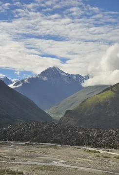 View of mountains covered with clouds from the peak with Bhaga river in Darcha Stock Photos