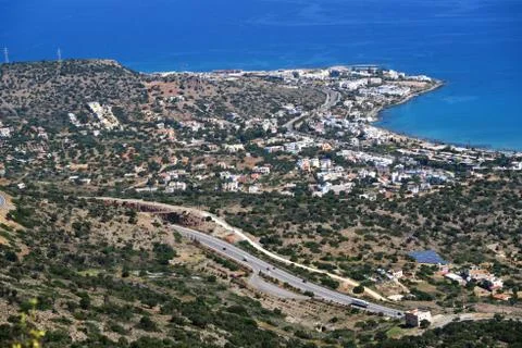 View from the mountains down to bay of Malia, Crete (Greece) Stock Photos