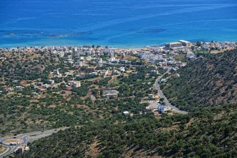 View from the mountains down to bay of Malia, Crete (Greece) Stock Photos
