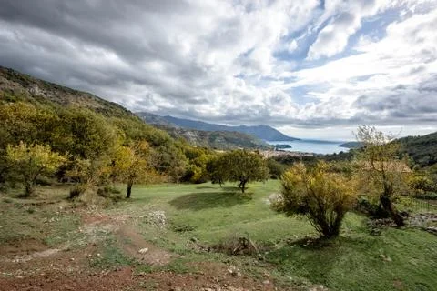 View from the mountains to dramatic sky and sea. Budva, Montenegro 库存照片