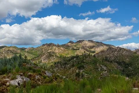 View at the mountains with fields and granitic rocks, on Caramulo mountains Stock Photos