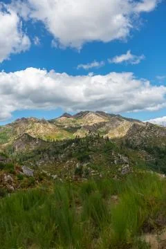 View at the mountains with fields and granitic rocks, on Caramulo mountains Stock Photos