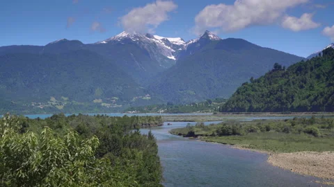 View of the mountains range and lake at Llancahue, Hornopiren at Austral, Route Stock Footage 145847981
