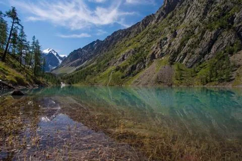 View of the mountains with reflection in the blue lake. Stock Photos
